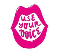 Pegatinas artísticas de vinilo Cita motivacional: usa tu voz, escrita dentro de una boca abierta. Buena. 54.6x63.3cm Fácil instalación Rosa roja