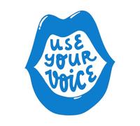 Pegatinas artísticas de vinilo Cita motivacional: usa tu voz, escrita dentro de una boca abierta. Buena. 42x48.7cm Decoración artística Azul