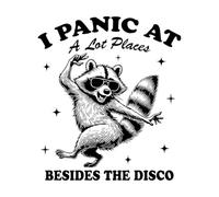 Pegatinas artísticas de vinilo Entro en pánico en muchos lugares excepto en Disco Raccoon 54.6x62.7cm No se cae Negro