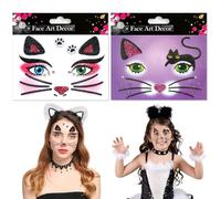 Pegatinas Cara Gato 2 Piezas Tatuajes Faciales Gato Removibles Face Art Sticker Animals con Purpurina para Niños Mujer Carnaval Halloween Cosplay