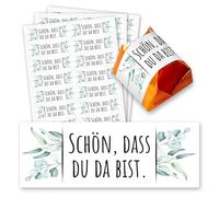 Pegatinas con texto en alemán «Schön, dass du da bist », 60 unidades, ideal para regalo de besos, eucalipto, rectangular, idea de regalo, boda, cumpleaños, dv1424