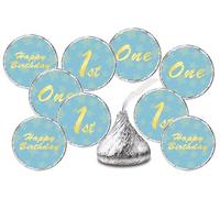 Pegatinas de besos de primer cumpleaños, etiquetas de beso azul para fiesta de cumpleaños de niño, decoración de mesa de gota de chocolate, caramelo no incluido.