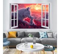 Pegatinas de decoración de pared 3D, Lobo Animal Del Bosque Calcomanías De Suelo De Vinilo Impermeables Extraíbles Arte, Paisaje Del Atardecer Calcomanías De Mural De Pared Rotas Para Niños Dormitorio