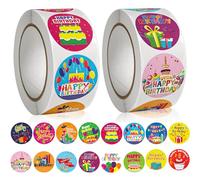 Pegatinas de feliz cumpleaños, 1000 unidades, redondas, autoadhesivas para cumpleaños, 16 diseños con líneas perforadas para hornear, bolsas de regalo, tarjetas de cumpleaños, regalos