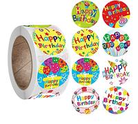 Pegatinas de feliz cumpleaños, 500 unidades, pegatinas de sellado para regalo de cumpleaños, rollo de etiquetas autoadhesivas de cumpleaños, redondas para decoraciones de fiesta de cumpleaños (TIPO 1)