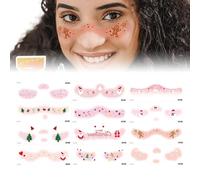 Pegatinas de maquillaje para la cara, pegatinas faciales navideñas para mujeres, 12 pegatinas temporales de maquillaje lindo - Favor de vacaciones, pegatinas de rubor falsas, corazones de amor, copo