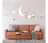 Pegatinas de pared de espejo de luna de nube y estrellas, pegatinas de espejo de pared de luna y estrellas acrílicas extraíbles calcomanías para la sala de estar del dormitorio (plateado)