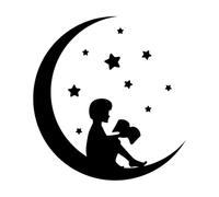 Pegatinas de pared de vinilo Libro de cuentos de hadas del niño leyendo en la luna creciente 36x38.8cm Arte del tatuaje Negro
