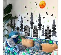 Pegatinas de pared extraíbles que brillan en la oscuridad con luna y estrellas para escenas bosques, fabricadas con PVC impermeable para un uso duradero en interiores