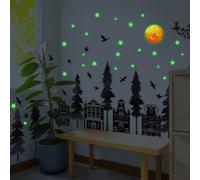 Pegatinas de pared extraíbles que brillan en la oscuridad con luna y estrellas para tema bosque, calcomanías de PVC impermeables adecuadas para dormitorios y baños
