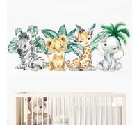 Pegatinas de Pared Infantiles Safari Vinilos Decorativos de León, Cebra, Elefante y Jirafa con Hojas Tropicales para Decoración Habitación Bebé Niño Niña, Fácil Aplicación 40x90cm