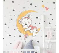 Pegatinas de pared para niños - Decoración de habitación de bebé - Adhesivo de pared con diseño de oso jugador sobre la nube + 80 estrellas - Adhesivo de pared para niño - 50 x 40 cm