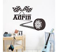 Pegatinas De Pared Personalizadas Con Nombre De Niño, Neumáticos De Coche De Carreras, Calcomanías De Banderas A Cuadros, Rueda F1, Vinilo For Habitación De Niño, Murales De Decoración For Sala De(55x