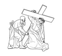 Pegatinas de pared Quinta Estación del Vía Crucis: Simón de Cirene ayuda a Jesús a llevar la cruz. Esquema. 42x42cm Personalización personalizada Negro