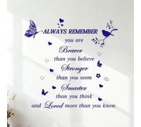 Pegatinas de pared Recuerda siempre: Eres más valiente de lo que crees, más fuerte de lo que pareces, más inteligente de lo que piensas y más amado de lo que sabes. 42x43.4cm No se cae Azul oscuro