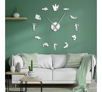 Pegatinas de pesca, arte de pared, diseño de pescador, grande, silencioso, cuarzo, moderno, reloj de pared moderno sin marco, silueta de pesca de lubina, relojes de pared grandes (plata, 37 pulgadas)