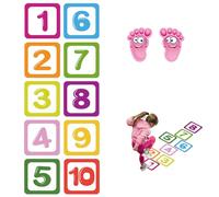 Pegatinas de piso, 5.9 pulgadas 10 Números Caderas de piso con 2 huellas calcomanías de piso, calcomanía de pared de juego de rayos de hop
