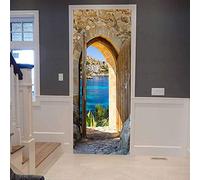 Pegatinas de puerta en 3D Mural Papel Póster Arco de piedra vista al mar 77x200cm DIY Papel autoadhesivo Impermeable Puerta Mural etiqueta Art Decals Papel tapiz de la foto para el dormitorio calcoma