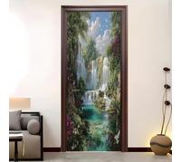 Pegatinas de Puerta Mural 77x200 cm Paisaje De Cascada En El Bosque 3D Adhesivo Fotográfico Autoadhesivo Vinilo Etiqueta De La Pared Verde Arte Adhesivo Puerta Dormitorio Baño Cocina Decoration