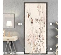 Pegatinas De Puerta Mural Flores de cerezo y pájaros 3D Door Sticker Papel Autoadhesivo Vinilo Etiqueta De La Pared Arte Adhesivo Puerta Dormitorio Baño Cocina Decoration 90x200cm