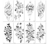 Pegatinas De Tatuaje De Flores Con Bocetos Impermeables Y Respetuosas Con El Medio Ambiente, Pegatinas Simples En Blanco Y Negro 96 * 190MM
