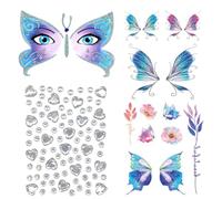 Pegatinas de Tatuaje y Arte de Cara de Mariposa, tatuajes temporales de Cara de Mariposa Purpurina para disfraces,Efecto Glitter,carnaval,Halloween, Fiestas, Espectáculos y Maquillaje