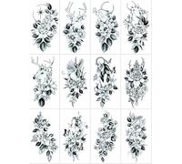 Pegatinas De Tatuajes Florales Con Animales En Color Negro, Resistentes Al Agua Y De Larga Duración; Pequeñas Pegatinas De Tatuajes Florales Para El Brazo. 9cm*16cm A002