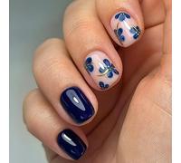 Pegatinas de uñas postizas 3D con diseño de flores de color azul y desnudo, con diamantes de imitación dorados, 24 unidades por paquete, brillantes y reutilizables