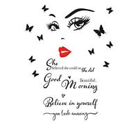 Pegatinas Decorativas de Pared de Cara Bonita Pegatina de Pared de Salón de Belleza con Mariposa 3D, Ojos y Labios Rojos, She Believed She Could, So She Did Pegatina de Cita Inspiradora