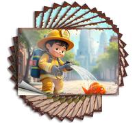 Pegatinas divertidas y fáciles de aplicar | Pequeño bombero salvando un pez en la ciudad, cubierta grande para despegar y pegar (6 x 9 cm)