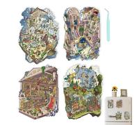 Pegatinas en miniatura 3D - Juego de 4 pegatinas para casa de dibujos animados DIY, grandes escenas de pegatinas para adultos, linda terapia de del estrés | botella de agua teléfono niños viaje