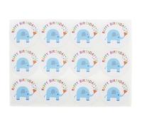 Pegatinas Happy Birthday, Blíster de 12 unidades, 3,8 cm de diám, 2 modelos, redondas con diseño multicolor de corona dorada y elefante. Añade alegría a tus regalos.