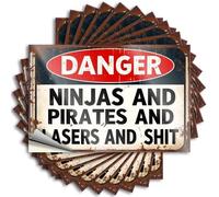 Pegatinas inapropiadas de peligro: ninjas, piratas, láseres y . 10 unidades de letreros de barra para decoración de pared del hogar, bar, para cueva de hombre (8 x 12 cm)