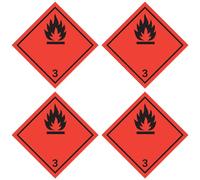 Pegatinas laminadas: 100 x 100 mm, 4 unidades - Nota de peligros - Clase 3 - Negro - Sustancias líquidas inflamables - ADR/GHS/DGR/UN pictograma de seguridad