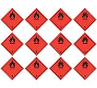 Pegatinas laminadas: 25 x 25 mm, 12 unidades - Nota de peligros - Clase 3 - Negro - Sustancias líquidas inflamables - ADR/GHS/DGR/UN pictograma de seguridad