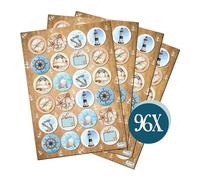 Pegatinas marineras redondas, set de 96: decoración marinera verano, mar y playa, con ancla, faro, gaviota y conchas, stickers para regalos, cartas, fiestas, scrapbooking, detalles náuticos, Ø 4 cm