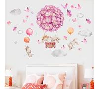 Pegatinas Murales Conejitos Globo Aerostático, Autoadhesivos Acuarela con Flores Rosas y Mariposas para Habitación de Bebé, Decoración Tierna y Encantadora
