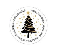 Pegatinas navidad árbol, 200 unidades: etiquetas adhesivas redondas rollo Ø 5 cm, stickers navideños negro dorado con árbol navideño, pegatina regalo con frases Merry Christmas Feliz Navidad