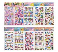 Pegatinas para Niños,10 Hojas Pegatinas Infantiles 3D Puffy Stickers Aplicable Gratificantes Regalos Scrapbooking,Incluido Animales Dinosaurio Paraguas Estrella Sirena Princesa Corazón Letras