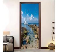 Pegatinas para Puertas 3D 77x200 cm Paisaje De Playa De La Isla Adhesivo Mural para puerta Interiores Decorativas Vinilo Azul Papel Pintado removible Pegatinas Impermeables de PVC Autoadhesivas