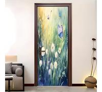 Pegatinas para Puertas Autoadhesivas para Interior Flores Y Mariposas de Acuarela Póster Mural de Vinilo Verde Pegatinas de Puerta Extraíbles para Salón, Cocina y Dormitorio 95x215 cm