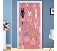 Pegatinas para Puertas de PVC Gato Estilo Cuento de Hadas Pegatina Mural 3D para Puertas Interiores Rosa Impermeable y Autoadhesiva, para Dormitorio y Sala de Estar 95x215 cm