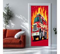 Pegatinas Para Puertas Patrón De Dibujos Animados Camión De Bomberos 90x200 cm Rojo 3d Mural Autoadhesivo Decoración Del Hogar, Pegatina de Pared Arte Dormitorio Cristal BañO Extrable