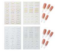 Pegatinas para uñas autoadhesivas, 4 hojas de pegatinas de arte de uñas con motivos metálicos de líneas y arcos, oro y plata, para diseños franceses y decoración creativa de uñas