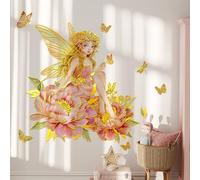 Pegatinas Pared de Hada Flor Dorada, Calcomanía Pared Mariposa Floral, Decoración Pared para Dormitorio Niñas, Habitación de Bebé o Infantil (Estilo_A)