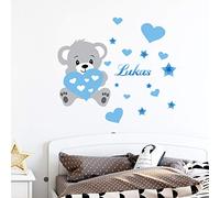 Pegatinas Personalizadas con Nombre Personalizado, diseño de Oso - Decoración de Pared para habitación Infantil - 2 láminas de 30 x 35 cm y 50 x 30 cm - Tono Azul