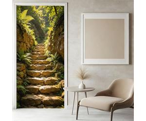 Pegatinas Puerta 3D Escalones de Piedra Campestres Pegatinas para Puertas de Paisaje Forestal Vinilo Decorativo Pegatina Pared Mural para Puerta Autoadhesivas Papel Pintado Puerta 77x200 cm f-596