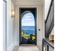 Pegatinas Puerta 3D Villa Con Vista Al Mar Pegatinas para Puertas de Forma de Arco Vinilo Decorativo Pegatina Pared Mural para Puerta Autoadhesivas Papel Pintado Puerta 77x200 cm B-4008