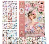 Pegatinas Scrapbooking Vintage, Libro de Stickers Washi de 24 Hojas con 480 Motivos Precortados, Figuras y Flores Acuarela Estilo Fantasía, para Journaling y Álbum de Fotos, Collage DIY Decorativo
