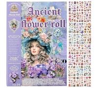 Pegatinas Scrapbooking Vintage, Libro de Stickers Washi de 24 Hojas con 480 Motivos Precortados, Flores y Figuras Acuarela en Tonos Morado Azul, para Journaling, Diario y Álbum de Fotos, Collage DIY